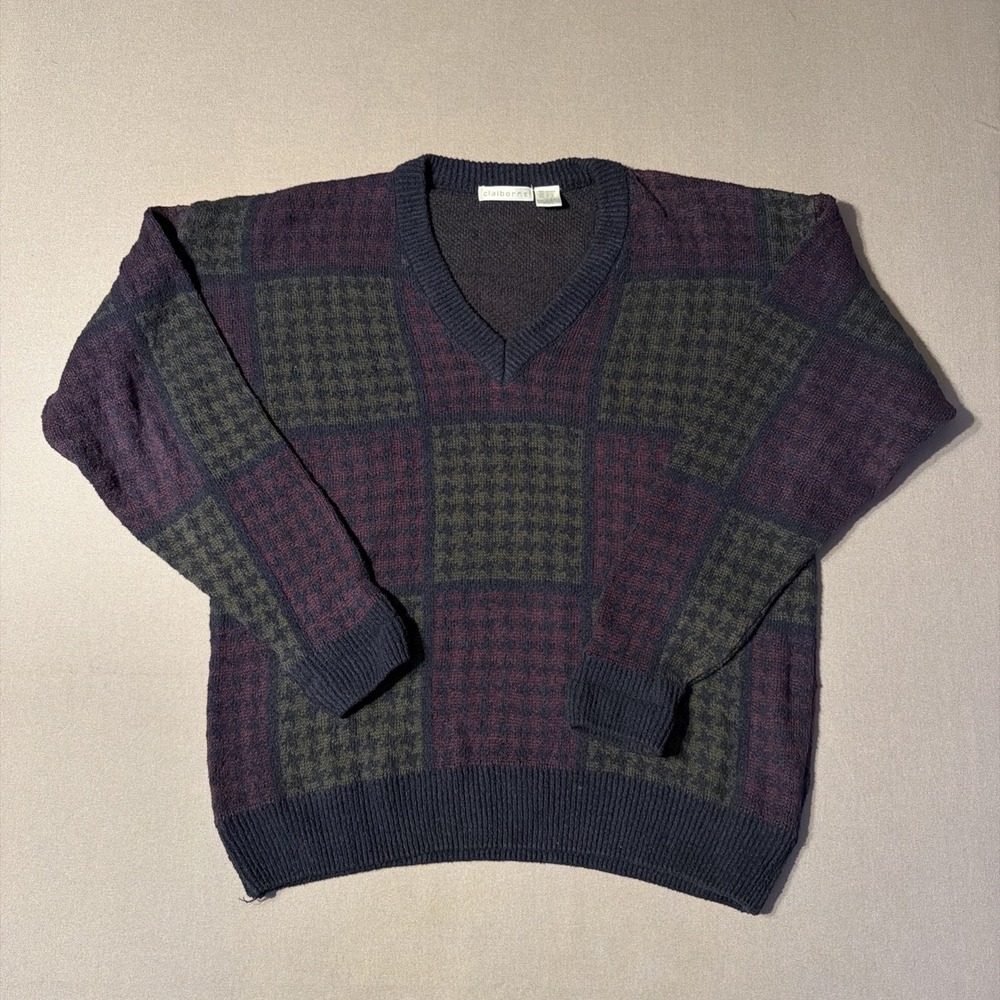 Claiborne Men's V-Neck Long Sleeve Sweater Houndstooth pattern Cotton Large - Picture 1 of 6